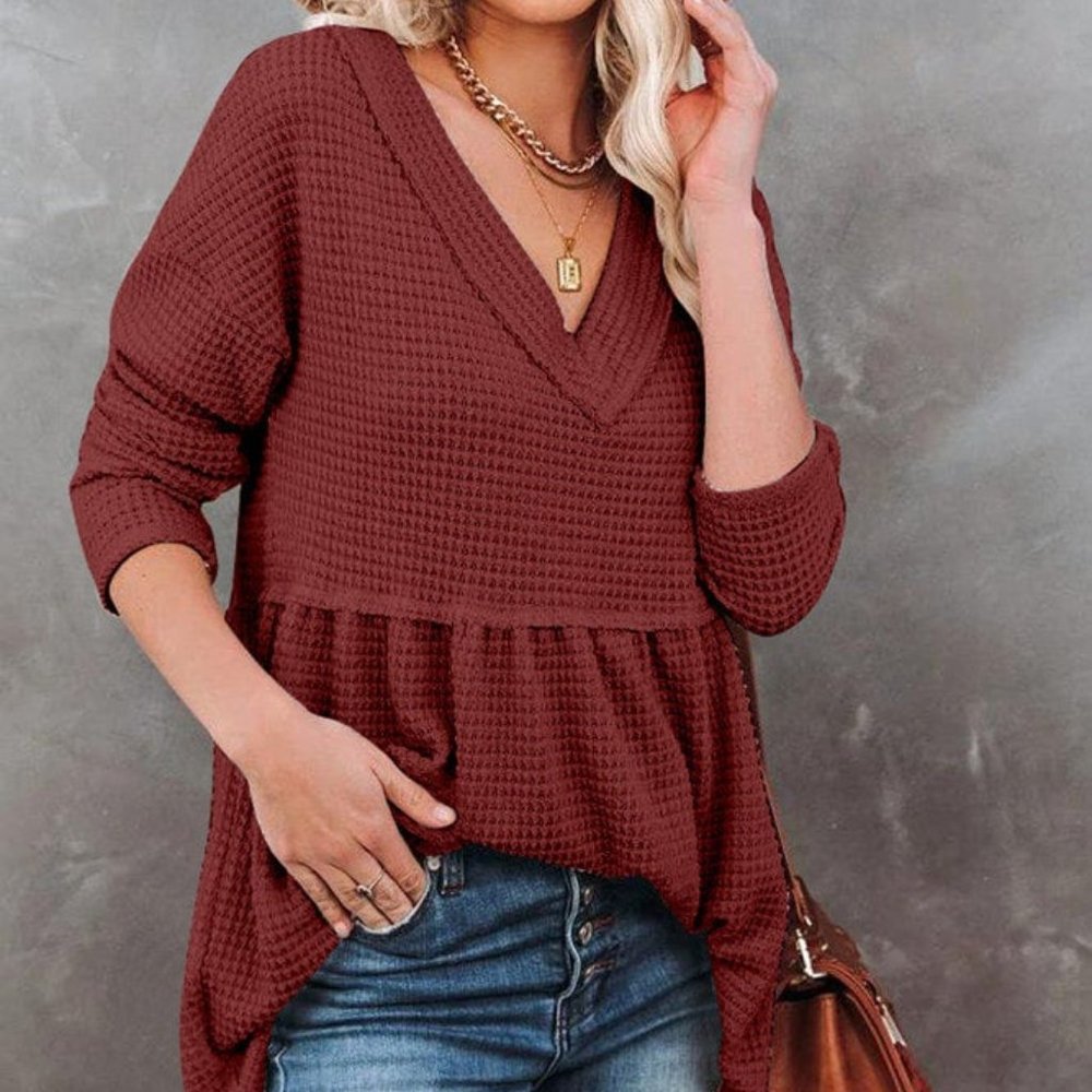 Waffle V-neck Long Sleeve Top